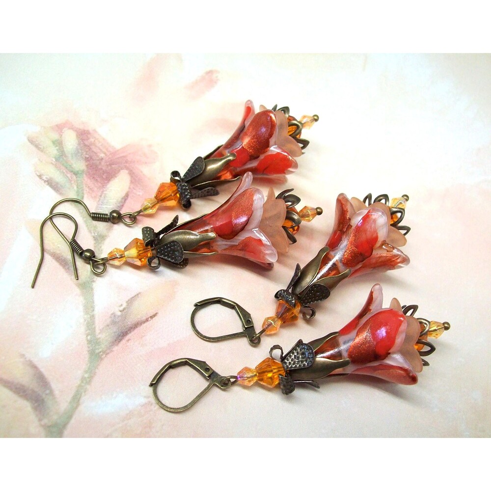 Autumn Earrings Art Nouveau Floral Dangles, Antique Bronze, Hand Painted, Artisa